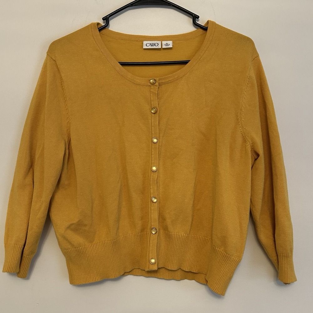 Cato XL Yellow Knit Academia Coastal Grandma Cardigan Sweater Button Front 3/4‎
